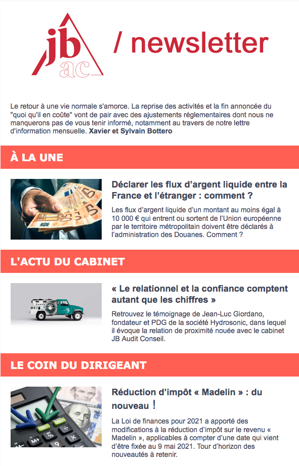 Capture du modèle de newsletter de JB Audit Conseil