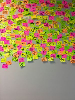 Photographie d'un mur de Post It Jaunes, verts et roses